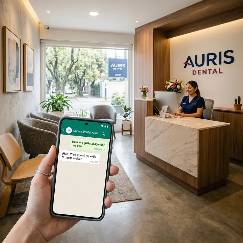 Paciente agenda una cita por WhatsApp frente a la recepción de una clínica dental