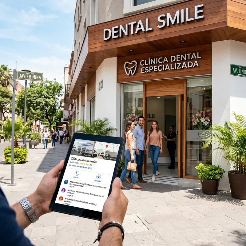 Persona consulta el perfil digital de una clínica dental ubicada en una zona urbana