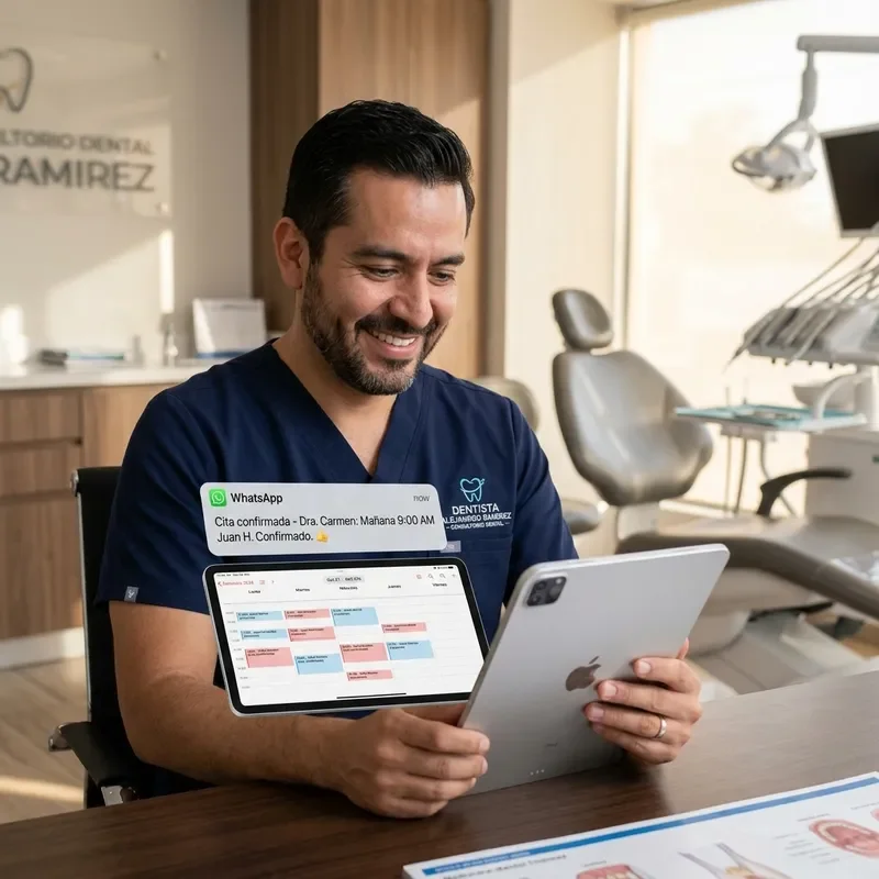 Dentista revisa en una tableta una agenda de citas confirmadas por WhatsApp