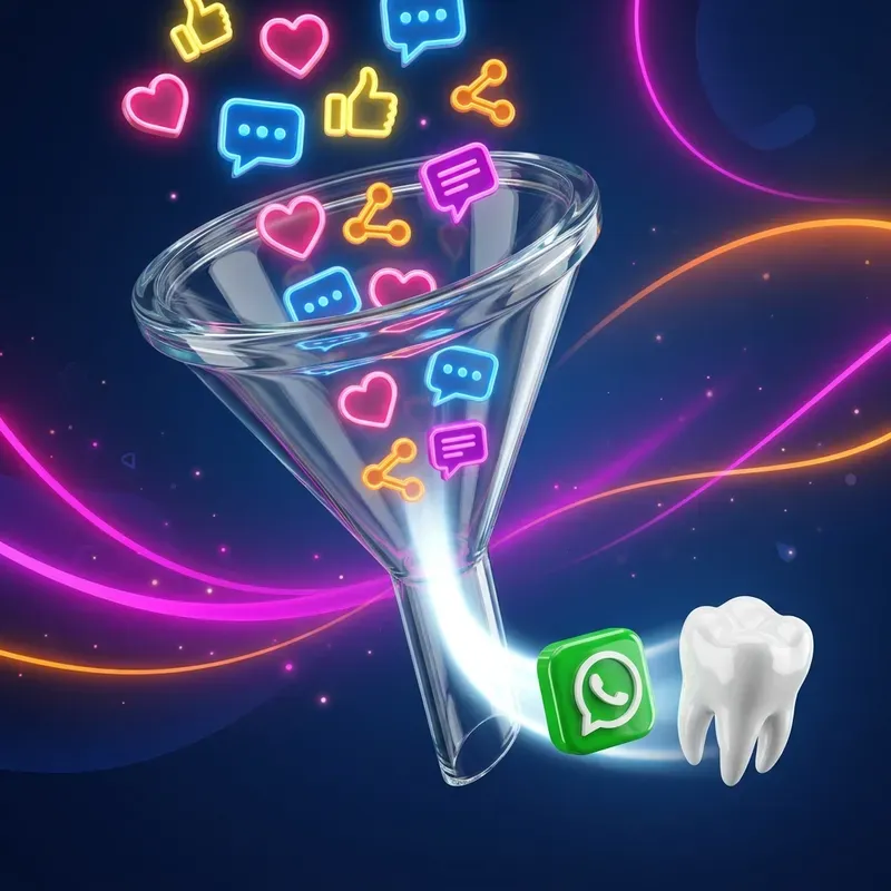 Embudo de publicidad dental con iconos de redes sociales, WhatsApp y un molar